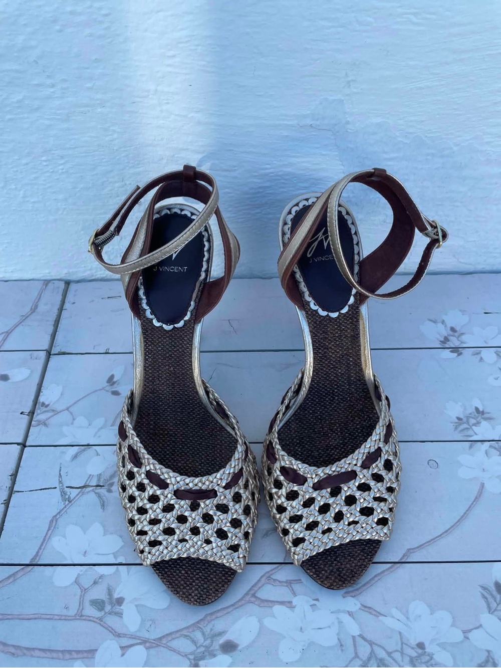 J Vincent Woven Gold and Brown Ankle-Strap Heels